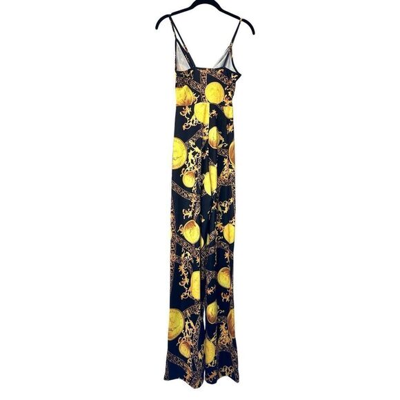 Soho Chic Keyhole Coin Print Sleeveless Black Gold One Piece Jumpsuit Size Small - Picture 2 of 4